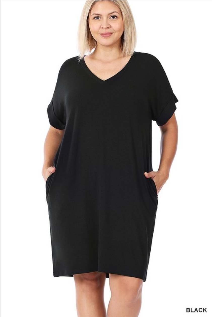 Basic V-Neck Dress w/Pocket Plus