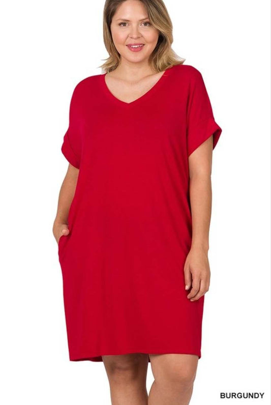 Basic V-Neck Dress w/Pocket Plus